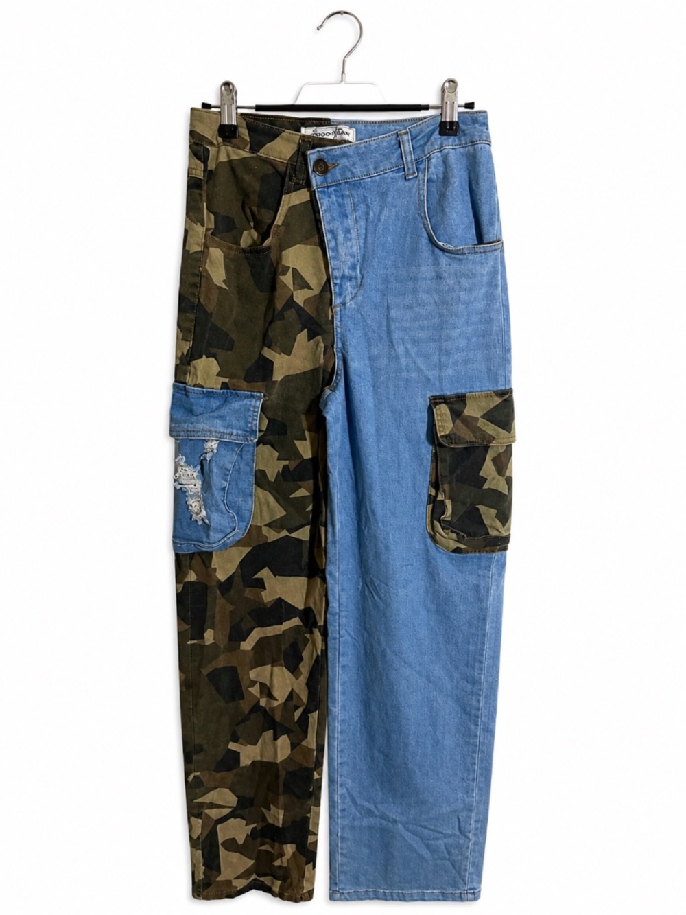 Two-Tone Camo & Denim Cargo Pants | Patchwork Utility Style | Size 5